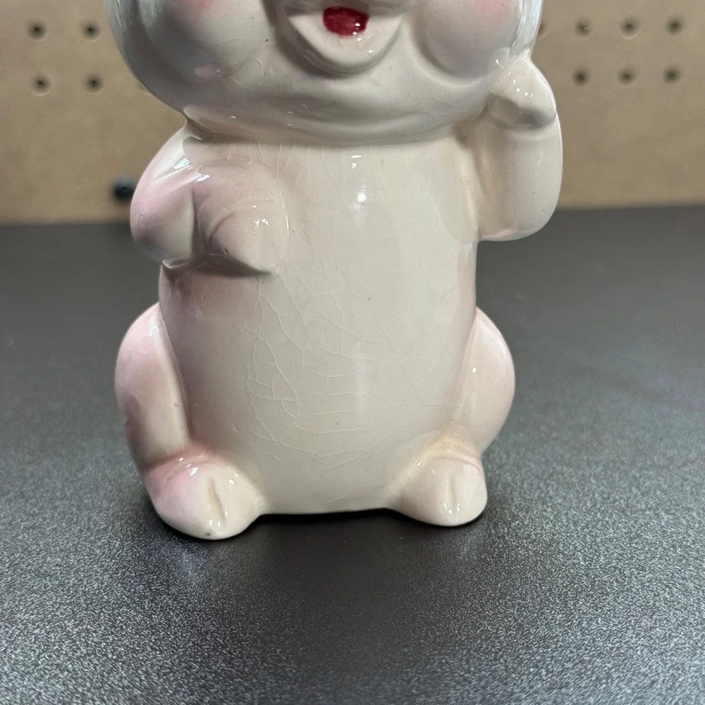 Vintage Japanese Ceramic Piggy Bank with Winking Expression And a Yellow Bow - Picture 5 of 11